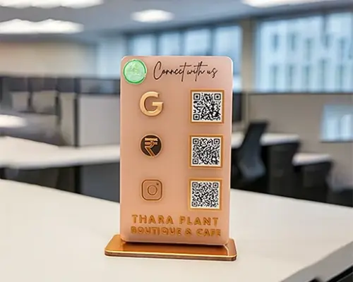 Rose Gold Acrylic Social Media QR Standee with 3 QR Codes & Gold Base