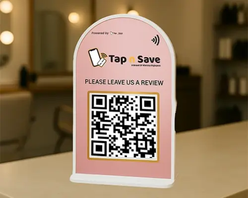 Tap n Save Rose Gold Acrylic Review Standee (4x6 Inch) | NFC & QR Enabled with Gold Border
