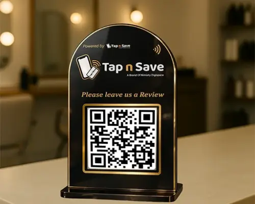 Black OneTap Acrylic Review Standee (4×6 Inch) | NFC & QR Enabled with Gold Border