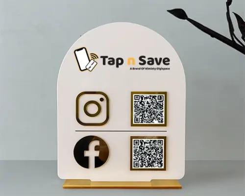 Tap-n-Save White Acrylic Social Media QR Standee with 2 QR Codes & Gold Base