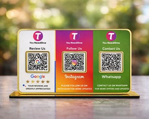 3-in-1 Smart QR Standee for Reviews, Social Media & WhatsApp