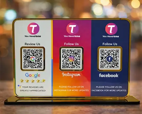 All-in-One Customer Engagement QR Standee for Reviews, Instagram & Facebook