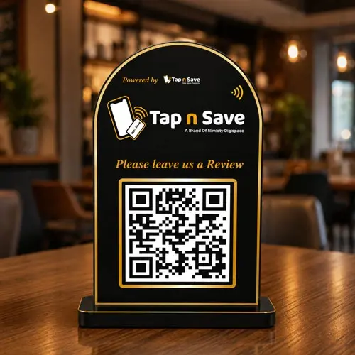 Black OneTap Acrylic Review Standee (4×6 Inch) | NFC & QR Enabled with Gold Border