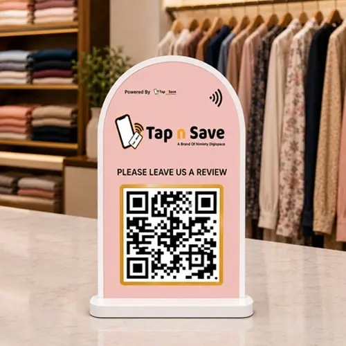 Tap n Save Rose Gold Acrylic Review Standee (4x6 Inch) | NFC & QR Enabled with Gold Border