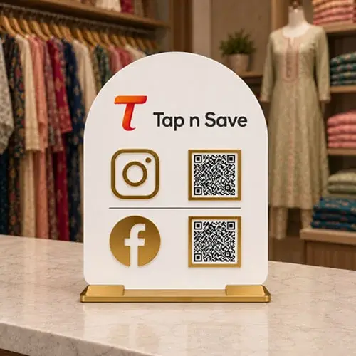 Tap-n-Save White Acrylic Social Media QR Standee with 2 QR Codes & Gold Base