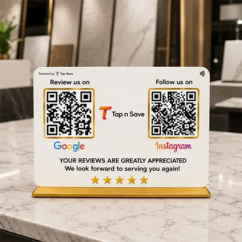 Custom Mirrored NFC Enabled Dual QR Standee| 2-in-1 Acrylic Tabletop Display (8x12 Inch)