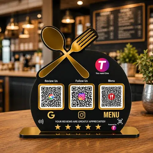 All-in-One NFC Restaurant Stand (Menu + Reviews + Social)
