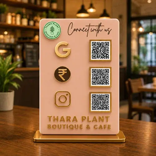 Rose Gold Acrylic Social Media QR Standee with 3 QR Codes & Gold Base