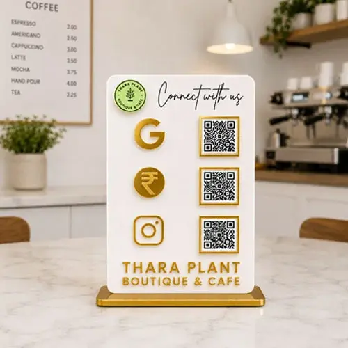 Premium Office Desk Acrylic QR Stand with 3 QR Codes