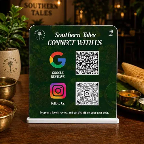 Premium Restaurant Google Review & Instagram NFC Standee (6x6 inch)