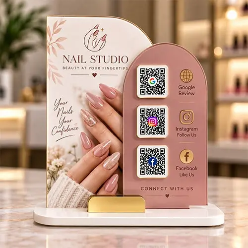 Premium Nail Studio Google Review & Social Media QR Standee with card holder