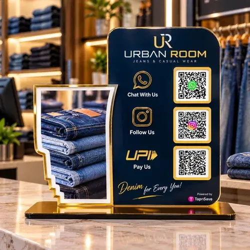 Premium Jeans Shop WhatsApp Contact, Instagram Follow & UPI Payment QR Code Smart Standee