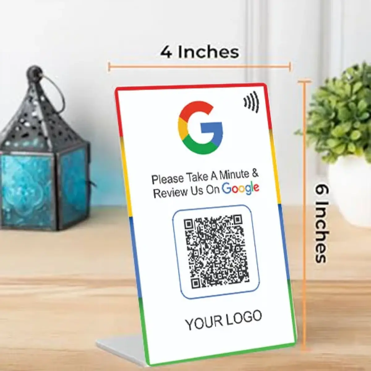 Tap n Save Rose Gold Acrylic Review Standee (4x6 Inch) | NFC & QR Enabled with Gold Border