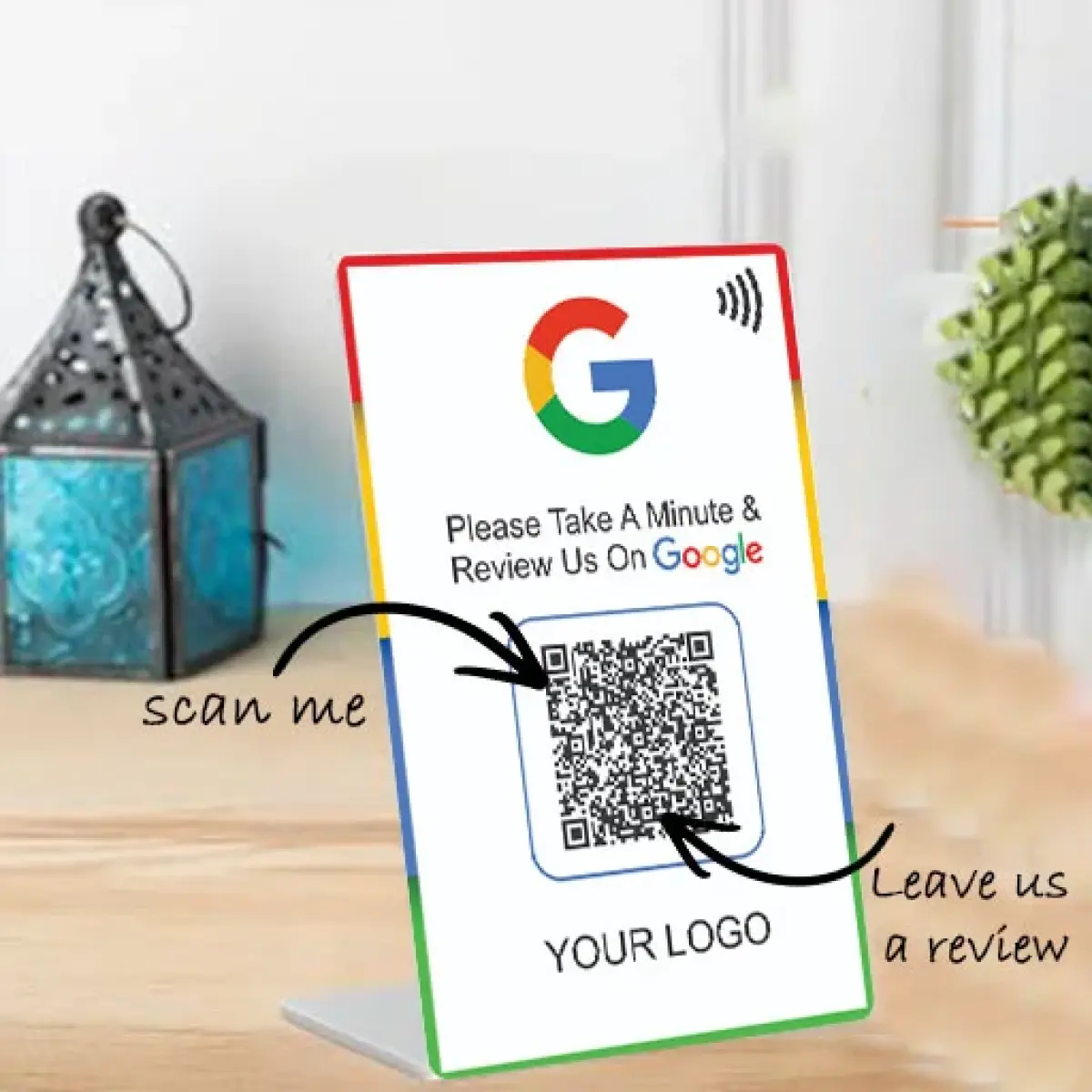 Tap n Save Rose Gold Acrylic Review Standee (4x6 Inch) | NFC & QR Enabled with Gold Border