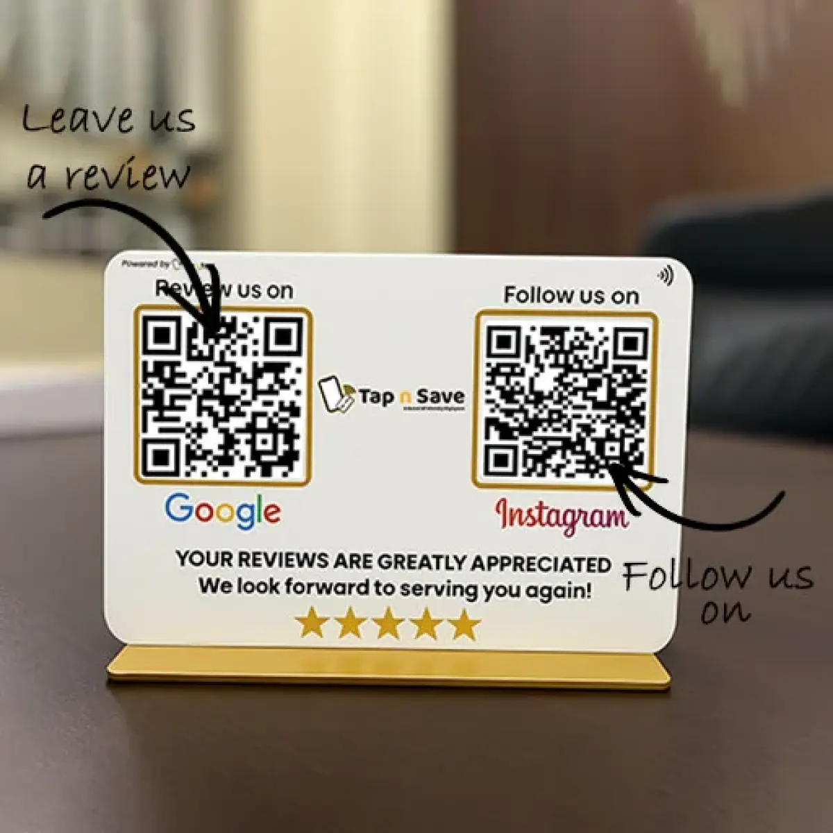 Tap-n-Save White Acrylic Social Media QR Standee with 2 QR Codes & Gold Base