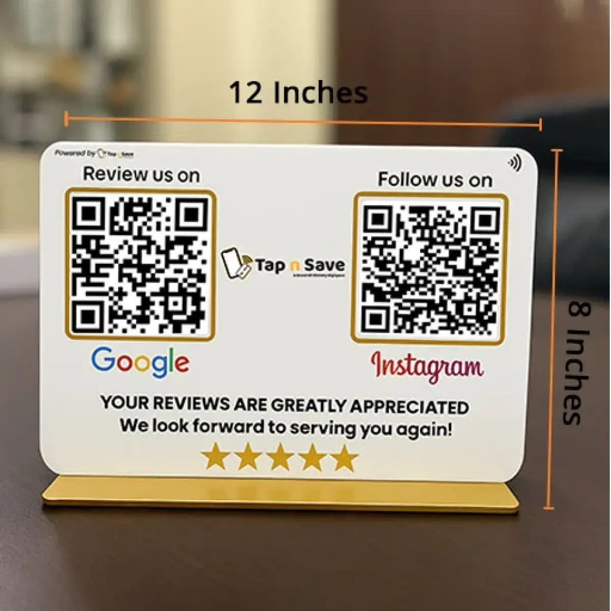 Tap-n-Save White Acrylic Social Media QR Standee with 2 QR Codes & Gold Base