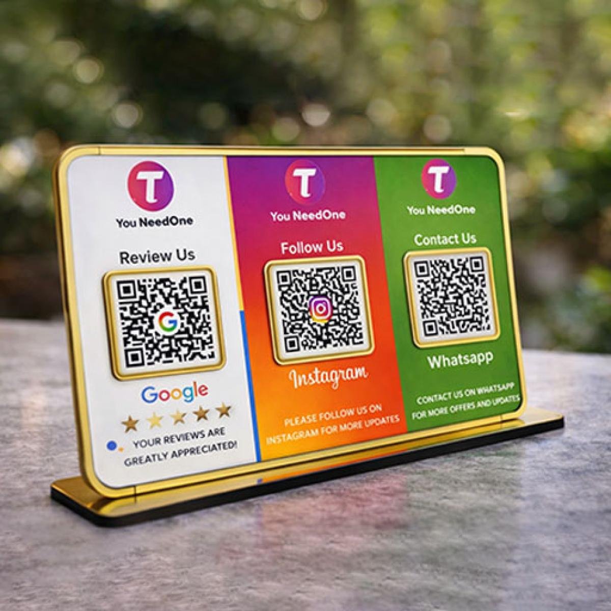 3-in-1 Smart QR Standee for Reviews, Social Media & WhatsApp