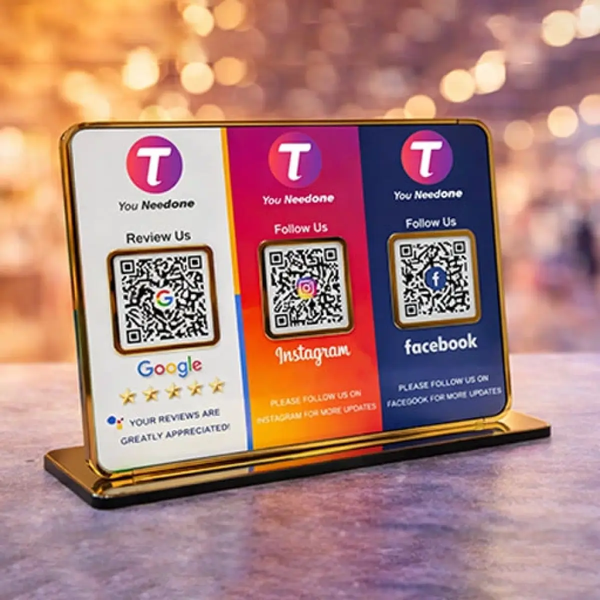 All-in-One Customer Engagement QR Standee for Reviews, Instagram & Facebook